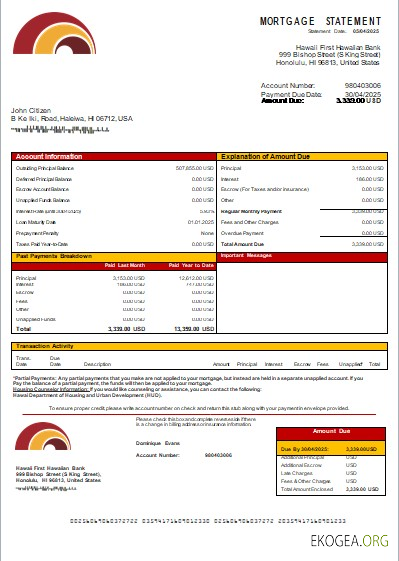 Hawaii First Hawaiian Bank relevé hypothécaire scr